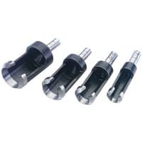 "Draper 4PC plug cutting set with four steel cutters, black bodies, and silver cutting edges, varying in size."