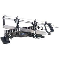 "Draper 550mm Precision Mitre Saw with black handle, silver blade, and adjustable angle guide on a sturdy base"