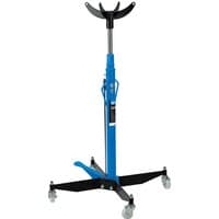 Blue Draper 600kg Expert Vertical Transmission Jack with adjustable height, black base, and four caster wheels.