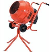 Orange Draper 650W 160L concrete mixer with black wheels and sturdy metal frame.