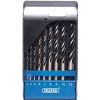 Draper 9 Piece Brad Point Drill Bit Set in a blue and black case with clear front, showing various sized steel bits.