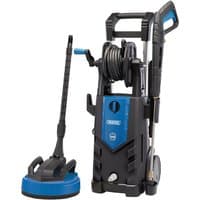 "Draper 98678 pressure washer, black and blue, with hose reel and lance, 230V, 2393psi, upright design."