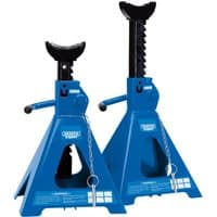 Blue Draper ratcheting axle stands with pneumatic rise, black saddle, and safety chain, 5-tonne capacity each.