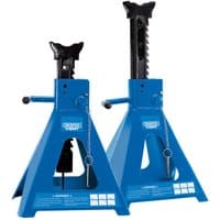Blue Draper ratcheting axle stands with pneumatic rise, black adjustable support, and 10-ton capacity per stand.
