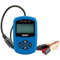 Blue Draper BDT/M Battery Diagnostic Tool with LCD screen, black buttons, and attached red and black clamps.