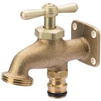 Brass outdoor tap by Draper with T-shaped handle, threaded spout, and wall-mounting plate with four screw holes.