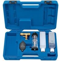 Blue Draper Combustion Gas Detector Kit with plastic case, clear cylinder, black pump, and two white bottles.