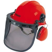 Red Draper CSH/TA forestry helmet with mesh visor and orange earmuffs attached.