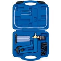 Blue Draper CTEVG2 vacuum testing kit with 19 pieces, including hoses and connectors, in a molded plastic carrying case.