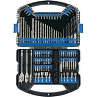 Draper 101 piece drill bit set in a black and blue plastic case with assorted metal bits and spade bits.