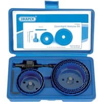 Blue Draper 9 piece holesaw kit for downlights in a blue case with various circular saw sizes and an arbor.