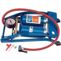Blue Draper double cylinder foot pump with red hose and pressure gauge, includes nozzle attachments.