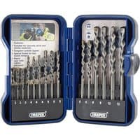 Blue Draper case with 15 silver masonry drill bits, labeled sizes, and clear plastic cover.
