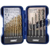Blue plastic case with 17 gold and silver drill bits, labeled sizes for HSS and masonry, by Draper.