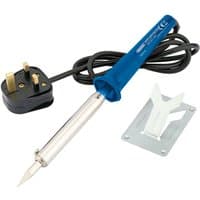 Blue Draper Expert 100W soldering iron with pointed tip, black cord, UK plug, and metal stand.