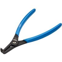 Black and blue Draper Expert 215mm 90° external circlip pliers with angled tips and ergonomic handles.