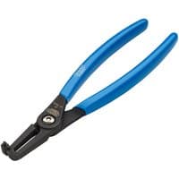 Black Draper Expert 215mm 90° internal circlip pliers with blue rubber grips and angled tips.