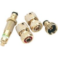 Brass watering accessory set with ribbed texture, includes connectors and nozzle for garden hoses.