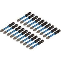 Draper Expert 50mm impact screwdriver bits, cross slot/PH2 type, blue and silver, pack of 20 arranged in rows.