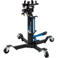 Black and blue Draper Expert Evolution 500kg vertical transmission jack with adjustable arms and swivel casters.