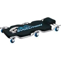 Black Draper Expert mechanic's steel creeper with blue wheels, ergonomic design, and "Evolution" logo on padded surface.