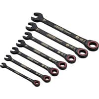 Black Draper Expert 7-piece ratchet spanner set with HI-TORQ® design and red accents on the ratchet ends.