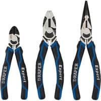 Blue and black Draper Expert high leverage plier set, includes diagonal, combination, and long nose pliers.