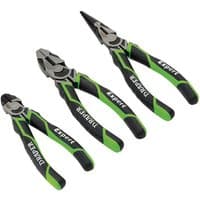 Draper Expert plier set, three pieces with green and black handles, featuring high leverage design and precision tips.