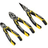 Draper Expert plier set with yellow and black handles, includes diagonal, combination, and long nose pliers.