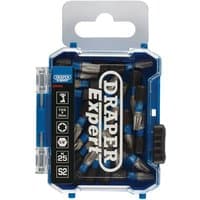 Blue and black Draper Expert TX-STAR T25 impact screwdriver bits, 25mm, in a transparent plastic case, pack of 25.