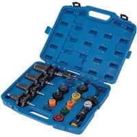 Blue Draper Expert pressure test kit with 15 pieces, including gauges and connectors, in a molded carrying case.
