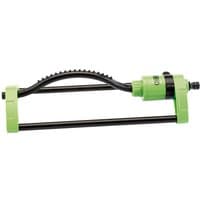 Green and black Draper GOS/B Oscillating Sprinkler with curved spray tube and adjustable water flow knob.
