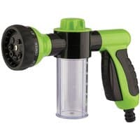 Green and black Draper garden spray gun with clear canister and adjustable nozzle.