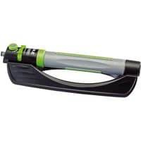 Gray and green Draper 3-in-1 oscillating sprinkler with adjustable settings and black base.