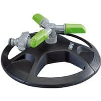"Draper GWRS Revolving 3-Arm Sprinkler with green nozzles on a black circular base"