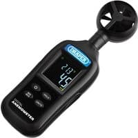 Black Draper handheld digital anemometer with LCD screen, button controls, and fan sensor for wind speed and temperature.