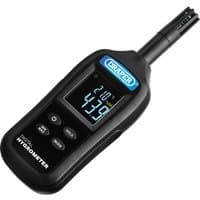 Black Draper handheld digital hygrometer with LCD screen, four buttons, and temperature probe.