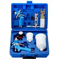 Blue Draper HVLP air paint spray gun kit with two spray guns, pressure gauge, and accessories in a blue carrying case.