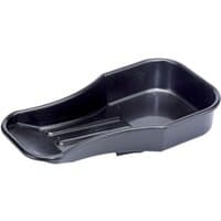 Black Draper motorcycle oil drain pan with a rectangular shape and raised sides for spill prevention.
