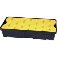 Black and yellow Draper PDT30 30 Litre Drip Tray with perforated surface and rectangular shape.