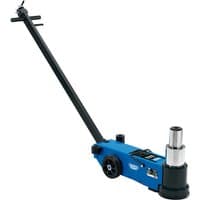 Blue Draper PJ50 50 Tonne Pneumatic Jack with long black handle and sturdy wheels.