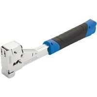 Draper Roofing Hammer Tacker with silver metal body, black rubber grip, and blue accents on handle ends.