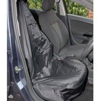 Black Draper polyester front seat cover, side airbag compatible, fitted on a car seat, sleek and protective design.