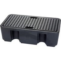Black plastic spill containment pallet with perforated top and two drum capacity.