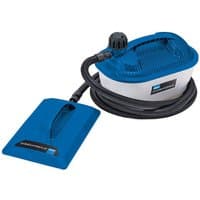 Blue and white Draper Storm Force 2000W wallpaper steamer with black hose and rectangular steam plate.
