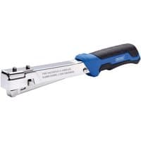 Silver Draper Type 140 Hammer Tacker with blue and black ergonomic handle, chrome finish, and staple loading mechanism.