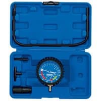 Draper vacuum and pressure test kit in blue case with gauge, hoses, and connectors.