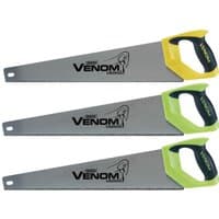 Three Draper Venom saws with gray blades, yellow and black ergonomic handles, and bold Venom branding.