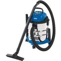 Draper 20L wet and dry vacuum cleaner with stainless steel tank, blue accents, black hose, and wheeled base.