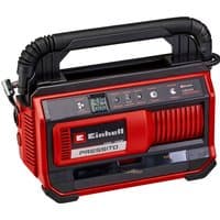 Red and black Einhell PRESSITO 18V air compressor with digital display and flexible hose.